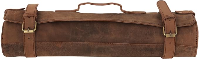 vintage crafts Genuine Buffalo Leather Knife Roll Set Chef's Knife Holder Cutlery Sheath Artist Case Organizer Storage bag Travel Friendly Gift for Men & Women (Light Brown)