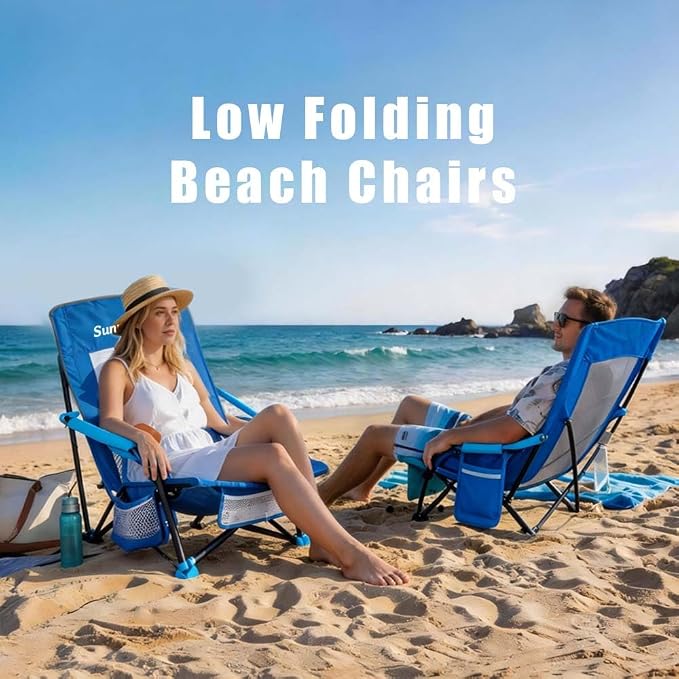 SUNNYFEEL Folding Low Beach Chair 2 Pack - Lightweight Portable Lawn Chair with Mesh Back & Cup Holder, Sand Chair Load up to 300lbs for Outdoor/Travel/Picnic/Concert
