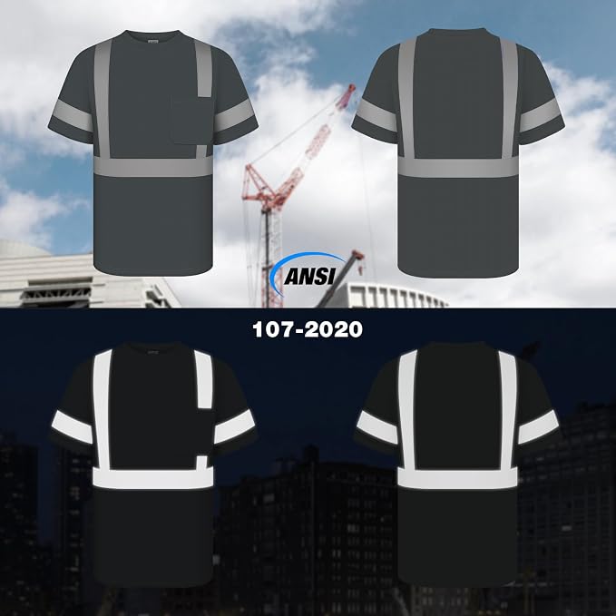 TCCFCCT Safety Shirts for Men Class 2 High Visibility Shirts, Hi Vis Reflective Shirts for Men Women, Short Sleeve Construction Work Shirts with Reflective Strips, Durable & Breathable,DC-Dark Grey S