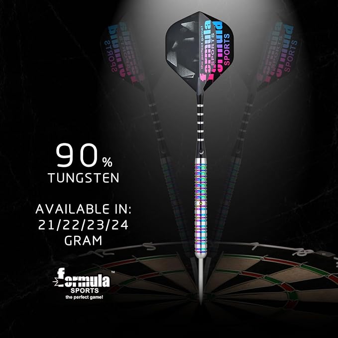 Formula Sports 90% Tungsten Steel Tip Darts Set - Professional Darts Metal Tip Set Available in 21g/22g/23g/24g, with Aluminum Shafts, Tungsten Barrels, Extra Flights, Sharpener