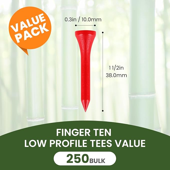 FINGER TEN Short Golf Tees 1 1/2 Inch Wood for Par 3 & Iron Shots Bulk 250/500 Pack, Bamboo Tee for Stable Low-Tee Height in Natural, Red, and USA Flag