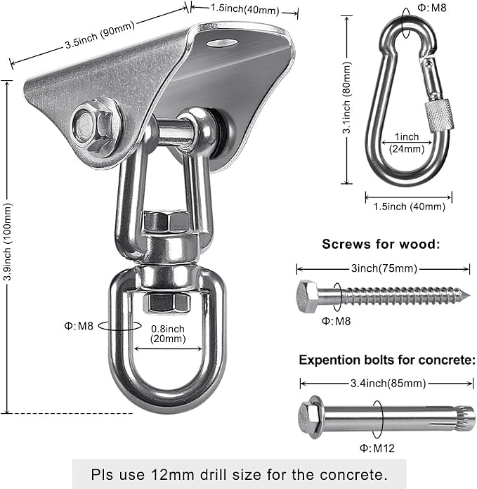 SELEWARE Swing Hangers Stainless Steel Swing Hooks Swivel Swing Mount Hardware w/Carabiners for Porch Swing Sets Hammock Chair Heavy Bag Yoga Silk Suspension Straps 1000 LB Capacity Each 2 Pack