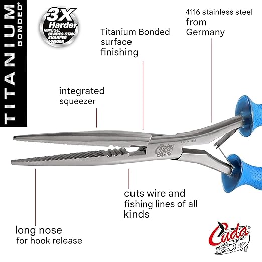 CUDA 10.25" Titanium Bonded Stainless Steel Freshwater Long Needle Nose Pliers #18113 Durable Fishing Hooks Remover, Ring Splitter with Crimper & Mono & Fluorocarbon Cutter