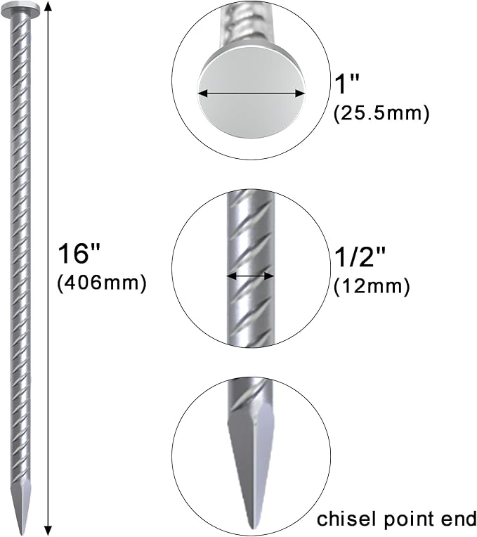 VVOKGO 16 Inch Rebar Stakes Metal Asphalt Anchoring Spikes Ground (12pcs), 1/2 Inch Diameter Galvanized Landscape Anchors Heavy Duty for Speed Bump, Handicap Threshold Ramps, Parking Limits Curb, Tarp