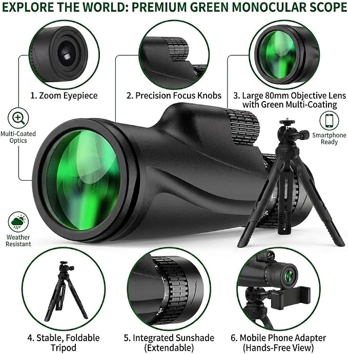 Monocular-Telescope 80x100 High Powered Monoculars High Definition for Adults High Powered with Smartphone Adapter Telescope Bird Watching Travel Camping Hiking