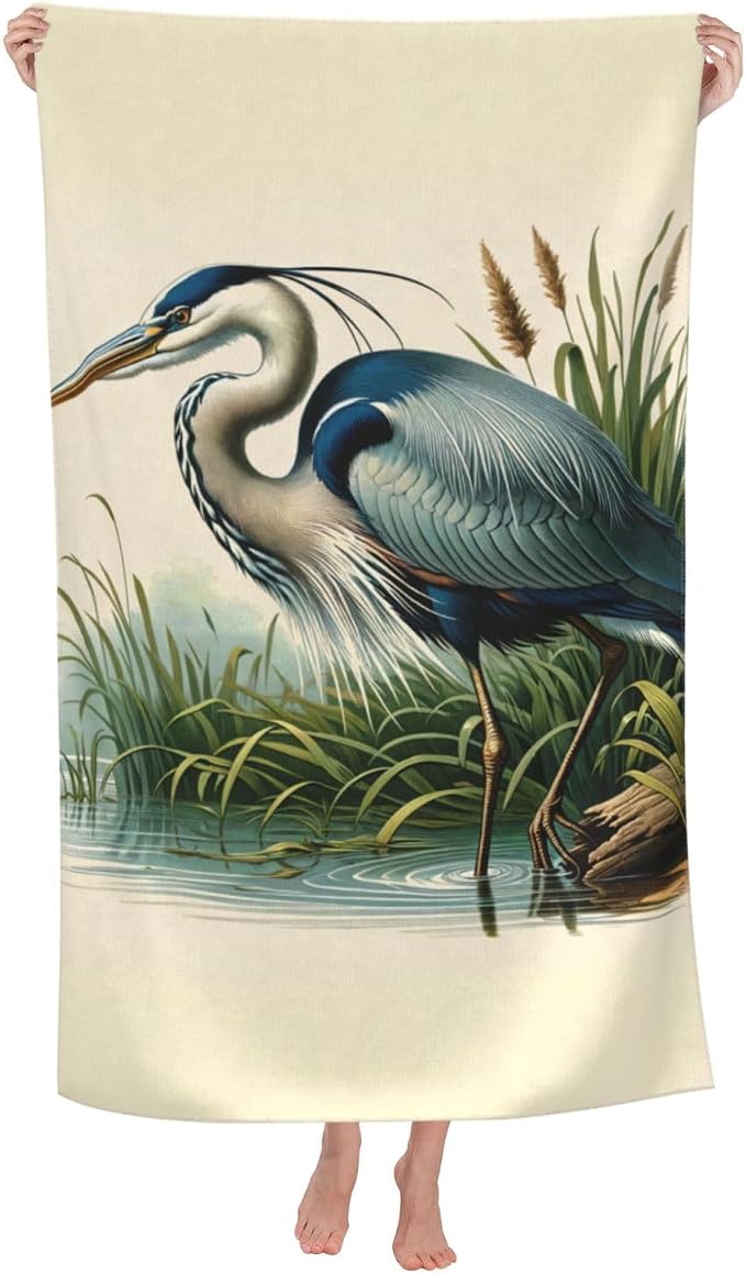 Retro Blue Heron Beach Towel, 32x52in Microfiber Quick Dry Nature Bird Vintage Bath Towels, Soft Lightweight Oversized Sand Free, for Travel Pool Swimming Gym Decor, Gifts