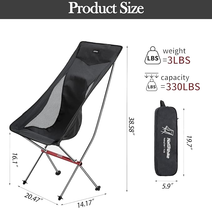 Naturehike Camping Chair, Foldable with Storage Bag, Outdoor Portable Chair for Adults, Lightweight, Supports 330lbs, Backpacking Chair for Fishing, Hiking, Beach, Lawn