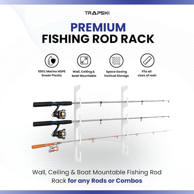 TRAPSKI Made in The USA Fishing Rod/Pole Holder Rack Organizers | Wall or Boat Mounting Fishing Rod Rack | Marine Grade HDPE Plastic | Pole Holder for up to 8 Rods | Stackable - 2 Pack