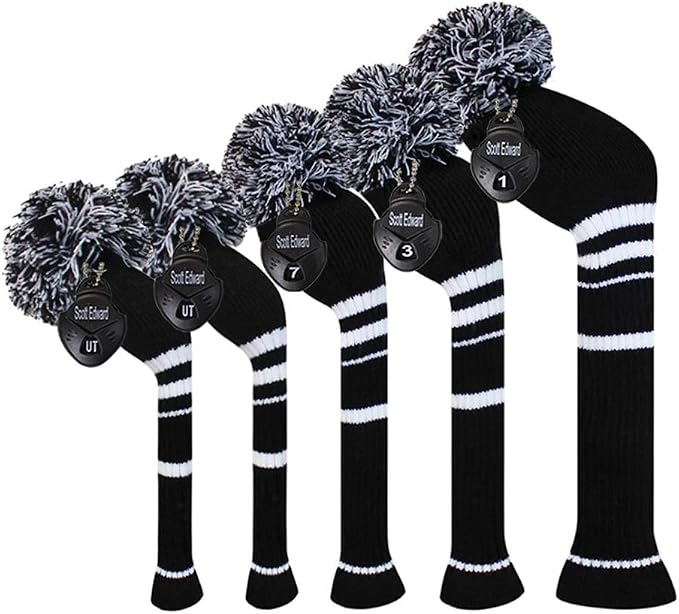 Scott Edward Golf Headcover Set of 5 PCS, Driver Wood Cover *1, Fairway Wood Cover *2, Hybrid Cover * 2, with Rotating Number Tags