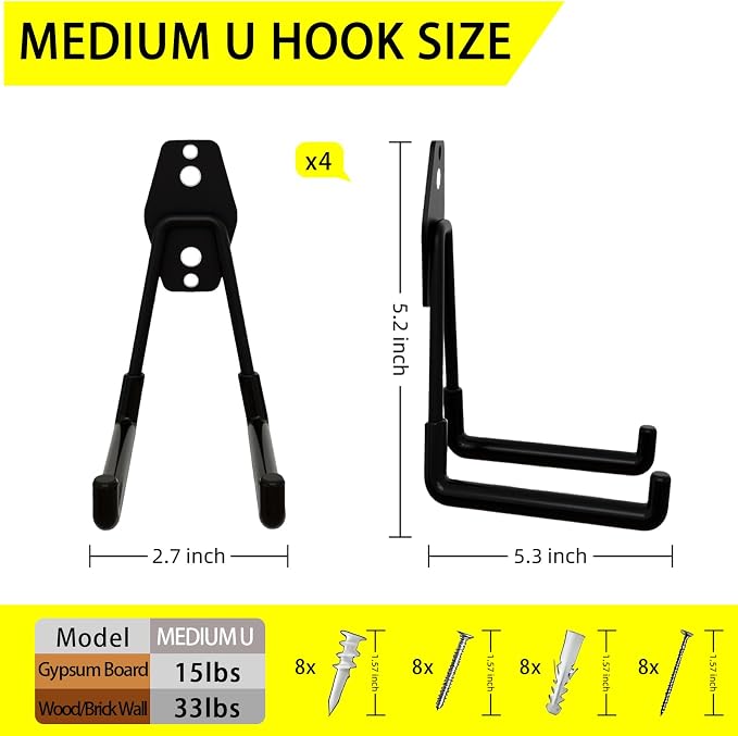 4 Pack Garage Hooks Heavy Duty with Anti-Slip Coating, Steel Utility Ladder Hooks for Hanging Garden Tools, Hoses, Ropes, Bikes and More (5.3in)