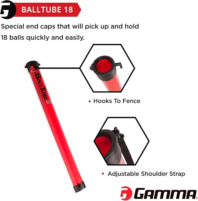 Gamma Sports Tennis Ball Tube Pickup – 18-Ball Capacity with Carry Strap and Durable Rubber End Caps with Fence Clips – Quick Court Cleanup Tool for Players, Coaches & Instructors