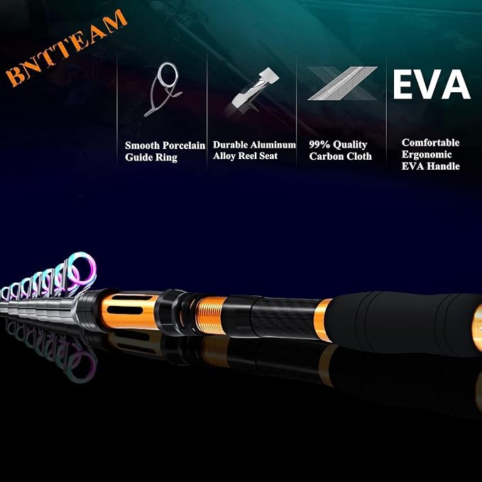Portable Fishing Spinning Rod and Reel Combo Set Carbon Fiber Fluorescent Rod Tip, with Fishing Lures Line Carrier Bag Kits for Travel Surf Saltwater Freshwater