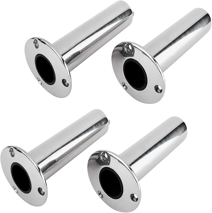 YaeMarine 4-Pack Heavy Duty Stainless Steel 316 Deluxe Rod Holders with Drain, Flush Mount Fishing Rod Pole Holders, 30 Degree /15 Degree/90 Degree