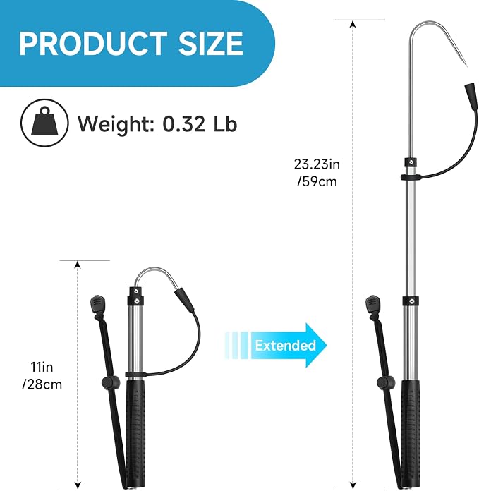 SANLIKE Telescopic Fishing Gaff Aluminum Pole with Nonslip Rubber Handle Stainless Steel M8 Screw Hook