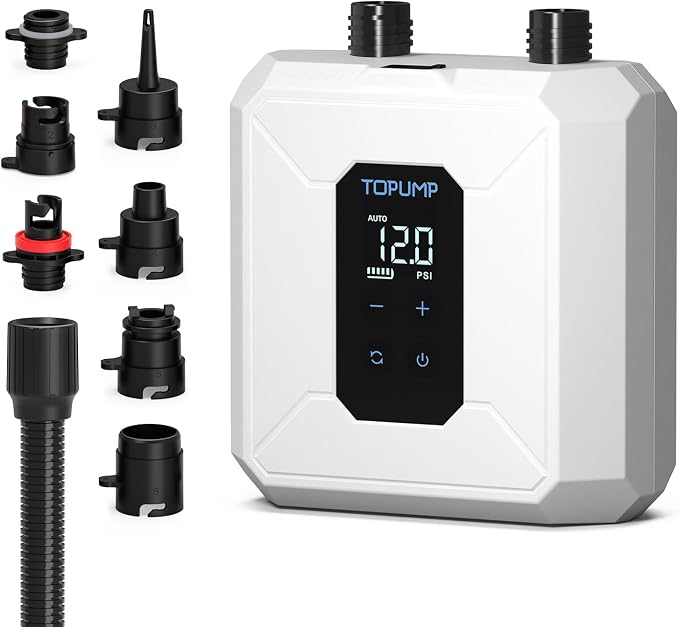 TOPUMP Electric Paddle Board Pump Portable, 20PSI Cordless Rechargeable SUP Pump with Auto-Off, Fast Dual-Stage Inflation & Deflation, 7 Nozzles for Kayaks, Boats, Tents
