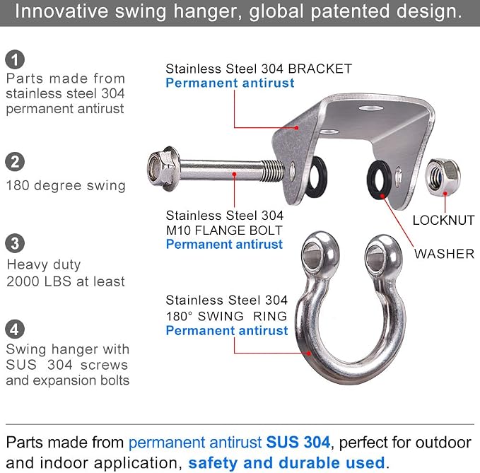 BeneLabel Stainless Steel Heavy Duty Swing Hanger Ceiling Mount 1600 LB Capacity Swing Hardware for Swing Seat, Yoga, Heavy Bag, Porch Swing, Hanging Chair with 2 Screws and 2 Expansion Bolts