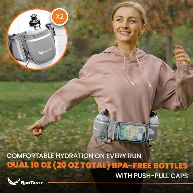 No.1 Hydration Belt by Runtasty - Premium Running Fuel Belt w/2 BPA-Free 10 oz Water Bottles, Tilt-Up Pocket w/Touchscreen-Ready Cover - Fits All iPhones, Runners Ebook & No-Bounce Design