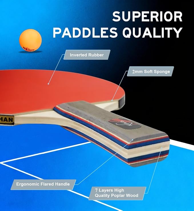 Family Premium Ping Pong Paddles Set of 4 - Advanced Table Tennis Rackets, 6 Training Ping Pong Balls, Competitive or Recreational Play - Indoor and Outdoor Compatible