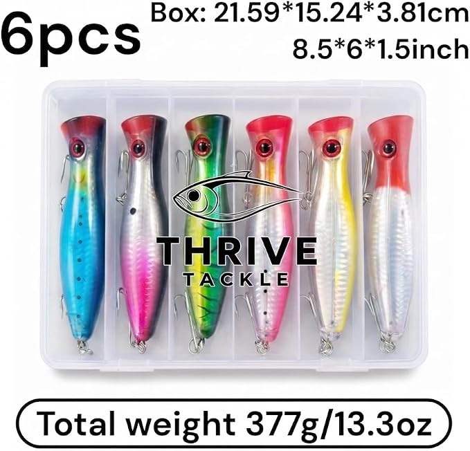 6-Piece Large Topwater Popper Fishing Lures with Tackle Box | 5-inch surface poppers, 1.45 oz (41 g) each, Freshwater and saltwater surf casting, Rattling Surface Poppers