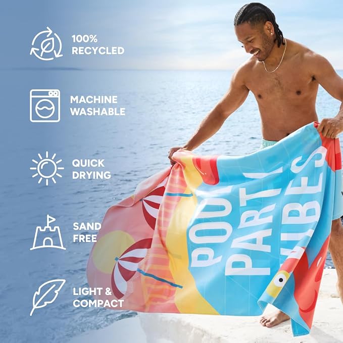 Dock & Bay Beach Towel - Quick Dry, Sand Free - Compact, Lightweight - 100% Recycled - Includes Bag - Pool Party Vibes - Large (160x90cm, 63x35)
