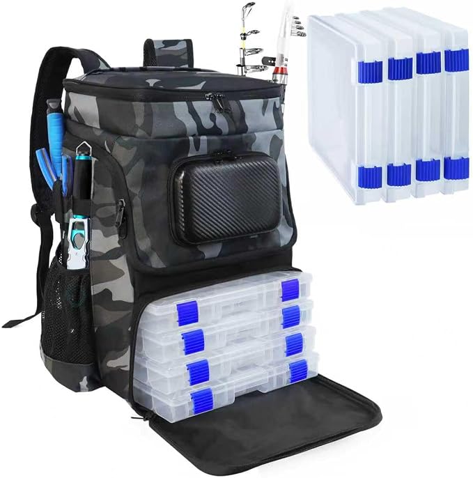Fishing Backpack with Rod Holder, Large 50L Tackle Bag Water Resistant Tackle Backpack Heavy Duty Fishing Bag Gift for Men Woman
