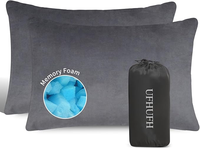 Camping Pillow,Compressible Small Shredded Memory Foam Pillow,Travel Pillow for Airplane,Backpacking and Hiking Grey Medium 2 pcs