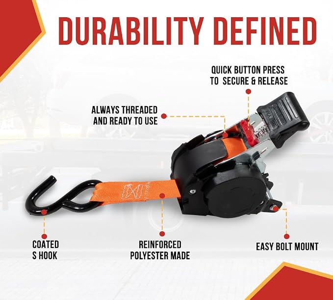 Mytee Products 8 Pack 1''x10' Bolt on Orange Retractable Ratchet Straps for Cargo - Coated S Hook Auto Retract Ratchet Straps - Self Ratcheting Strap for Boat Tie Down to Trailer & Jet Ski, ATVs