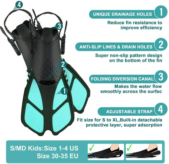Kids Snorkeling Set - Adjustable Flippers + Panoramic Snorkel Mask + Dry Snorkel Tube + Travel Bags - Suitable for Kids & Juniors, Age 5-14