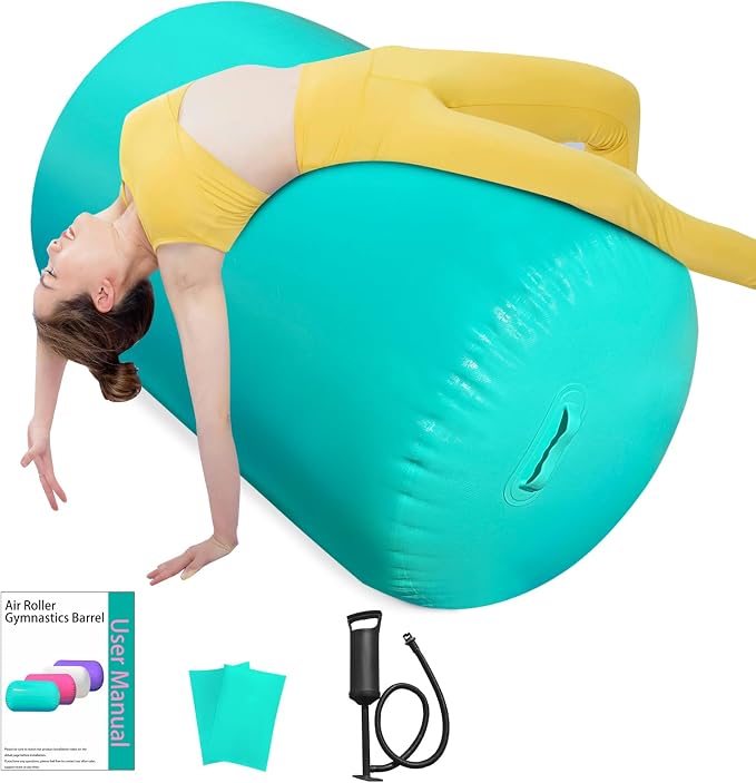 Air Roller Gymnastics Barrel, Inflatable Tumbling Equipment for Girls, Back Handspring & Backbend Trainer Mat for Cheerleading & Home Practice (Includes Manual Air Pump)