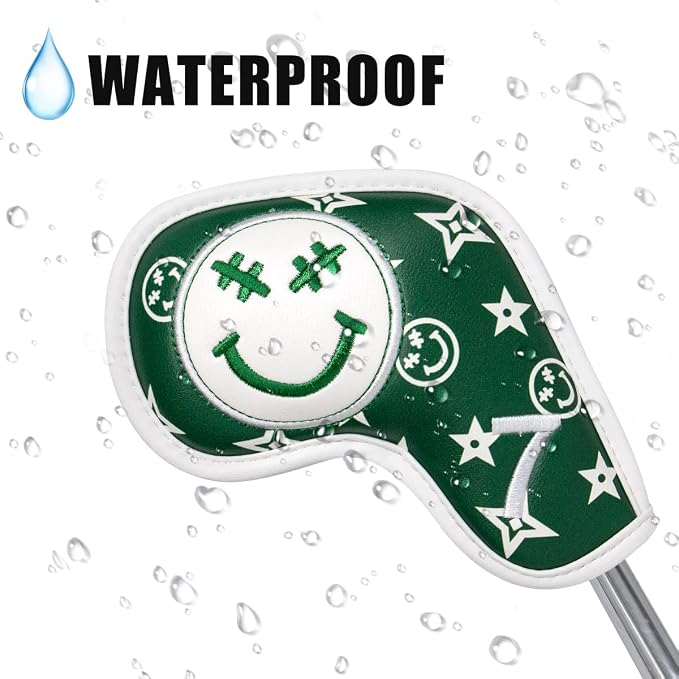 Barudan Golf Iron Head Covers, Golf Iron Covers Set 10pcs #4-9 Aw, PW, SW, Xw, Fits All Brands, Green, Emoji Pattern, Hook & Loop Closure, Faux Leather Material, Golf Gifts for Men/Women Golfers