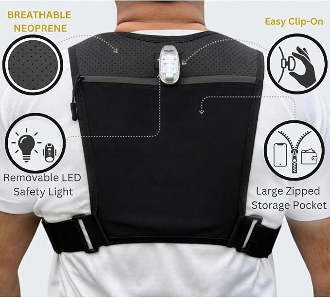 Running Hydration Vest with 3 LED Safety Lights and 500ml Soft Flask, Lightweight Reflective Running Vest for Women Men, Adjustable Chest Straps, Phone Pocket for Marathon Trail Night Running