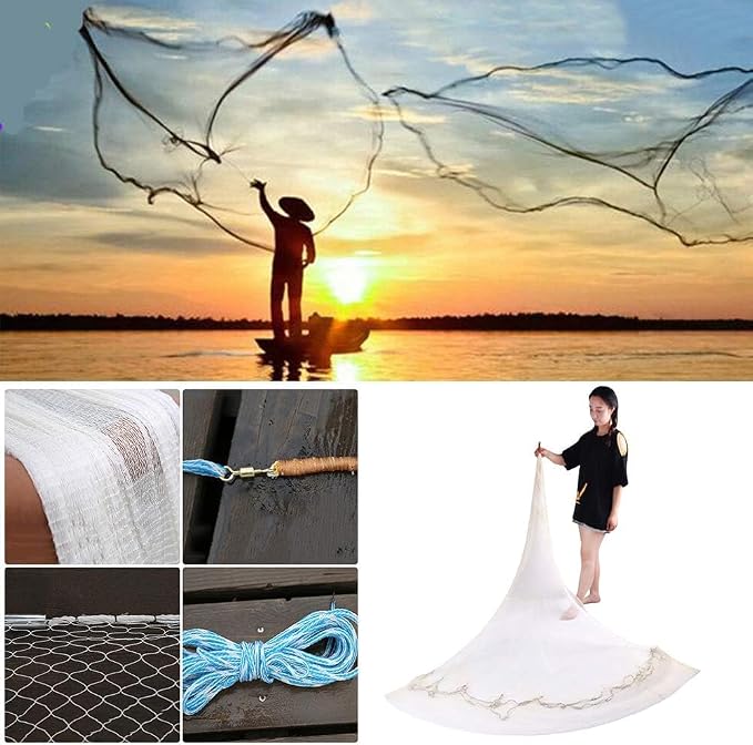 Lawaia Traditional Fishing Cast Net Multifilament Line Landing Net with Steel Pendant Weight Hand Throwing Fish Net White Nylon Small Mesh