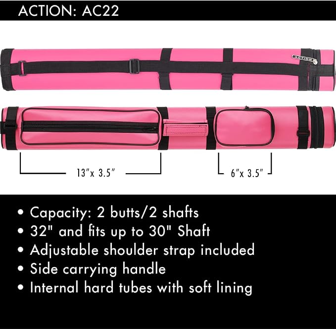 Action 34" Long Pool Cue Hard Carrying Case - Holds 2 Butts & 2 Shafts, Separate Molded Tubes, Large Zippered Accessory Pockets, Adjustable 1" Vinyl Carrying Strap, Fits up to 32" Shaft or Butt