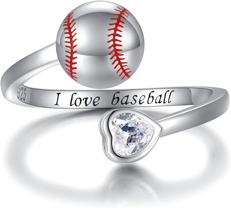 925 Sterling Silver Basketball Softball Baseball Football Tennis Racket Ring Adjustable Sports Jewelry Gifts for Women Player Mom