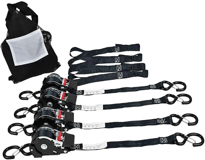 Mytee Products 4 Pack 1''x12' Retractable Ratchet Straps with Safety Lock S Hook, 1500 Breaking Strength, 4 Soft Loops & Storage Bag - Self Ratcheting Tie Down Strap for Boat, Jet Ski, ATVs, Bikes