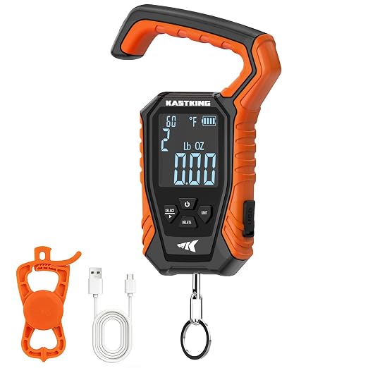 KastKing Weighmaster Mechanical-Digital Fishing Scale with Lip Gripper, 120 lb Capacity, 2.5" Backlit Display, High-Precision Sensor, 9 Weight Memory, Temperature Detection, IPX6 Waterproof
