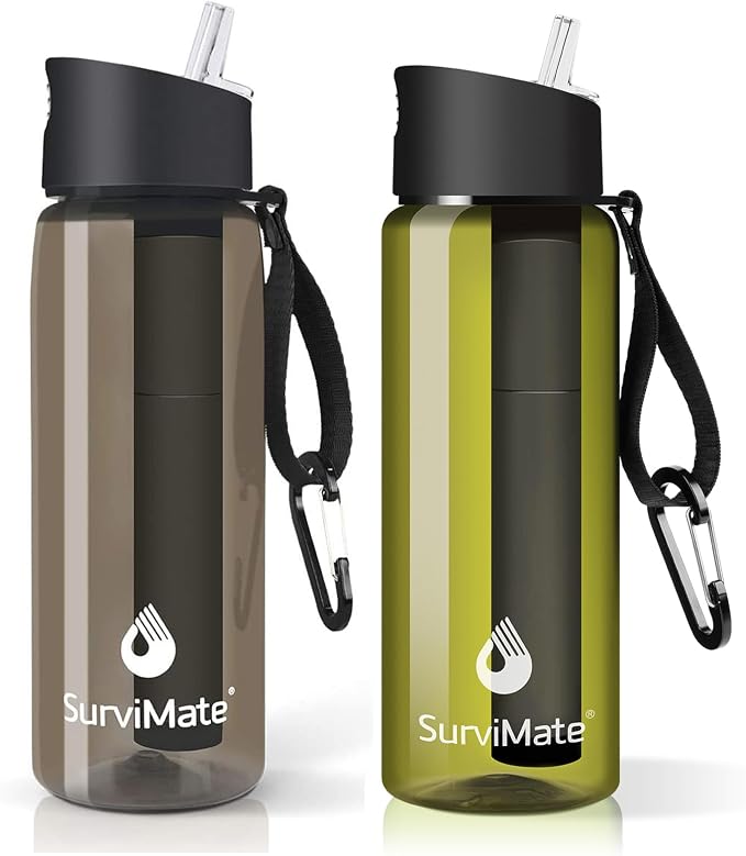 SurviMate Purified Water Bottle for Camping, Hiking, Backpacking and Travel, BPA Free with 5-Stage Intergrated Filter Straw