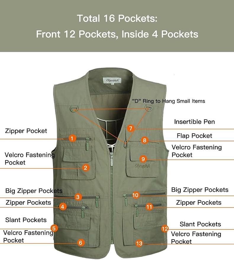 Flygo Men's Fishing Vest Utility Lightweight Outdoor Travel Safari Photo Cargo Vest with 16 Pockets