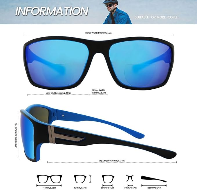 Bifocal Sunglasses Wrap Around Sunglasses Readers, Sport Sunglass with Built in Readers for Driving, Blue/Black