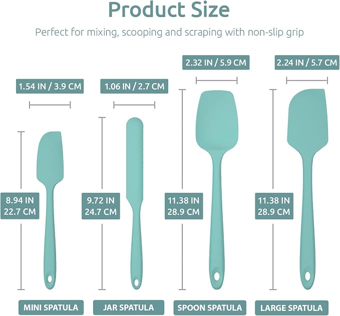 Heat Resistant Silicone Spatula Set: U-Taste 600ºF High Temp Seamless Food Grade Utensil, Flexible Rubber Silicon Kitchen Cooking Mixing Baking Scraper for Nonstick Cookware Set of 4 (Aqua Sky)