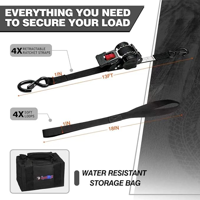 Retractable Ratchet Straps 1" x 13Ft, Heavy Duty Self Retracting Tie Down Straps, 1800lb Break Strength Auto Retract Cargo Straps for Truck, Trailer, Motorcycle, ATV, UTV, (Black, 4 Pack)