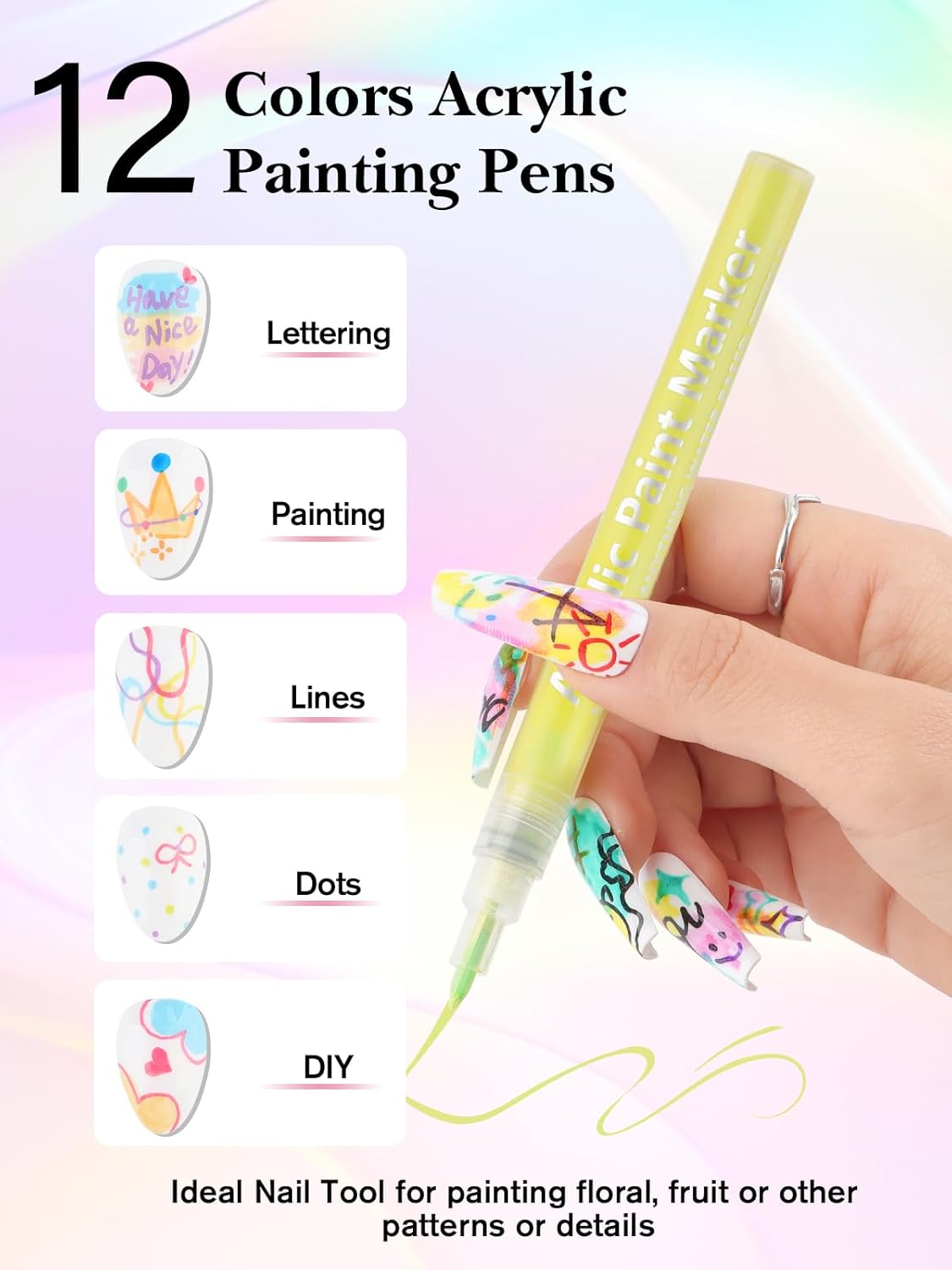 EBANKU 12 Colors Nail Art Pens Acrylic Paint Marker, Nail Polish Pens Quick Drying 0.7MM 3D Acrylic Paint Pens Clear Handle Nail Point Liner Drawing Painting Dotting Tool for Nail Art Design(Set B)