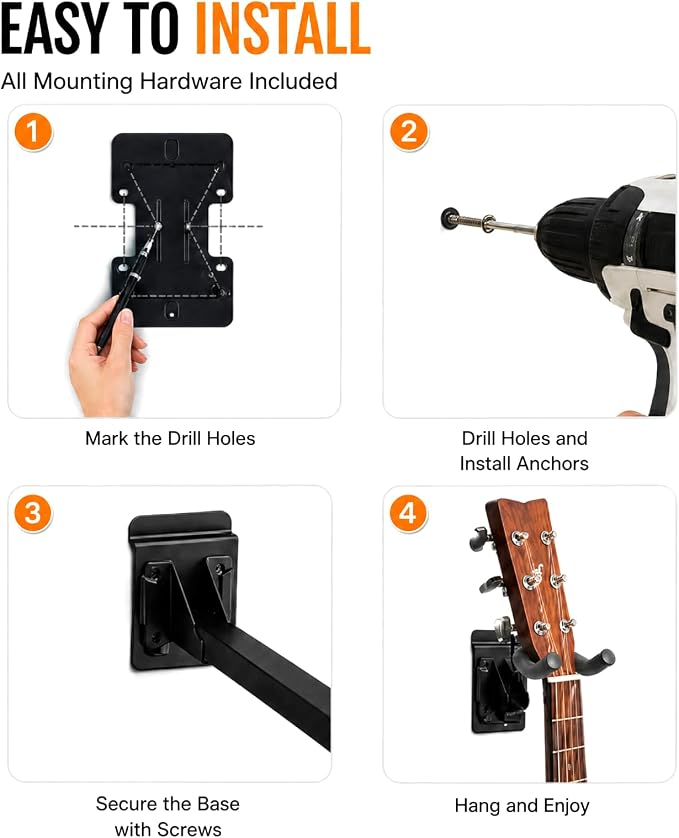 Therwen 20 Pcs Guitar Hanger Wall Mount Guitar Hangers Hooks Holders with Slat Adapter 180° Adjustable Black Hook Stand Wall Mount for Acoustic Electric Bass