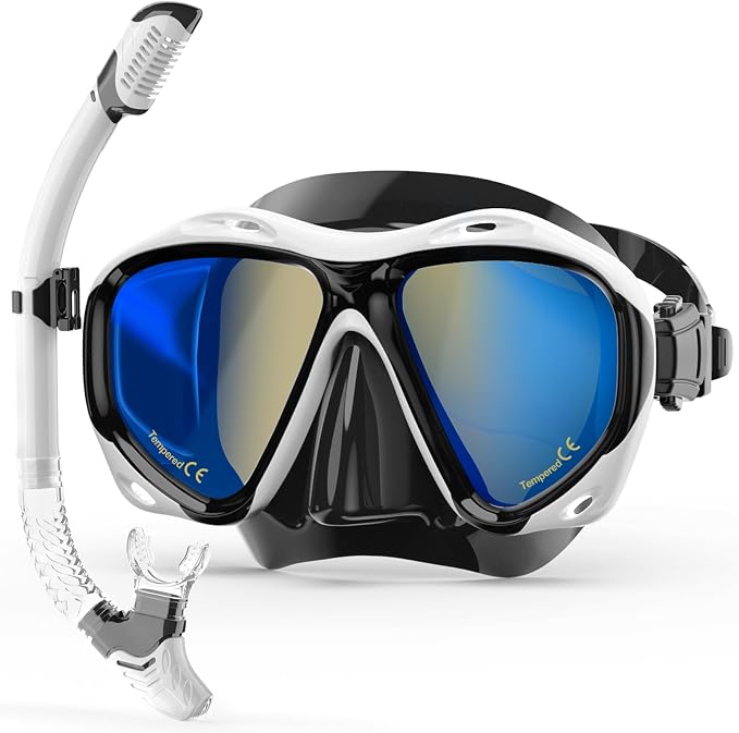Snorkeling Gear for Adults, Snorkel Mask With Mirrored Tempered Glass Lens 180° Wide View Anti-Fog Scuba Diving Mask, Professional Snorkel Set for Swimming Diving, Gifts for Women Mom Men Dad