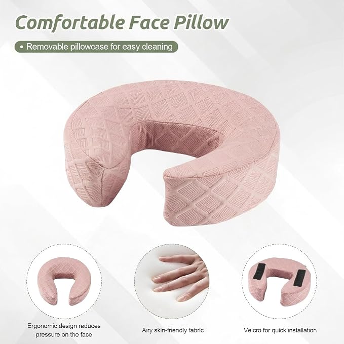 Massage Headrest for Bed, Adjustable Massage Face Cradle at Home, Portable Massage Table Kit for Sleeping Mattress, Face Down Pillow After Eye Surgery (Pink, with Armrest Shelf & Breast Pillow)