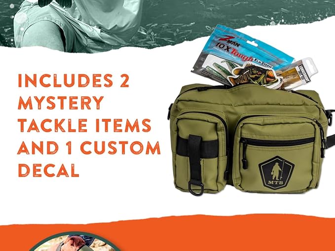 Catch Co Mystery Tackle Box Pond Prowler Sling Fishing Lure Kit with Bonus | Green Sling Pack, Bonus Multi-Species Bait and Decal, Fishing Gear Storage