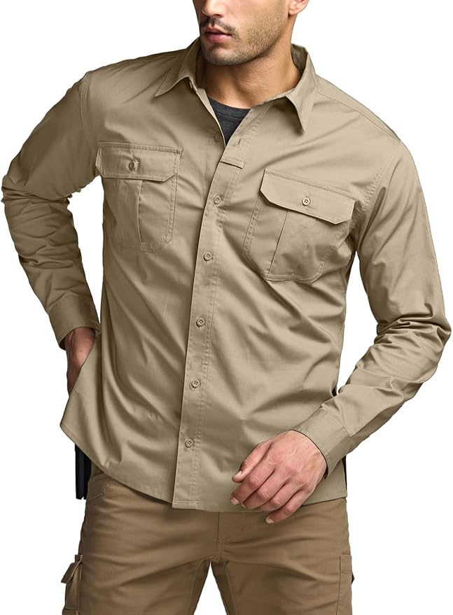 CQR Men's Long Sleeve Tactical Shirts, Ripstop Military Work Shirts, UPF 50+ Breathable Button Down Outdoor Hiking Shirt