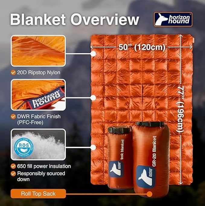 Horizon Hound Down Camping Blanket 650 Fill Power - Ultralight Backpacking Quilt (1lb 6oz) Warm & Water-Resistant 20D Nylon Shell for Outdoors, Camping, Hiking, Travel, & Stadium - Packable