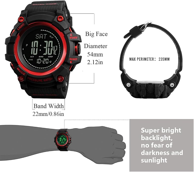 Watch Compass, Altimeter Barometer Thermometer Temperature, Pedometer, Military Army Waterproof Outdoors Sport Digital Watch for Men