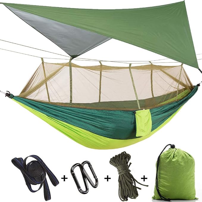 Camping Hammock with Mosquito Net & Rain Fly Tent Tarp & Tree Straps Portable Strong Nylon Hammock Parachute Tent w/Storage Bag for Camping Hiking Backyard Outdoor Backpacking Travel